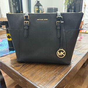 Michael Kors Black Tote Handbag with Structured Shape and Gold Hardware